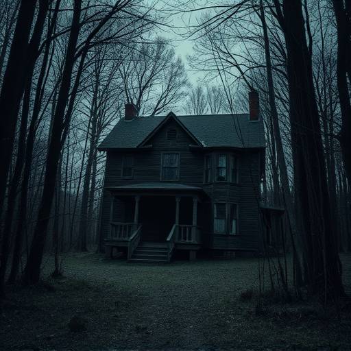 Image representing the Horror genre, featuring a creepy, abandoned house in the woods.