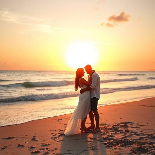 Image representing the Romance genre, featuring a couple embracing on a beach at sunset.