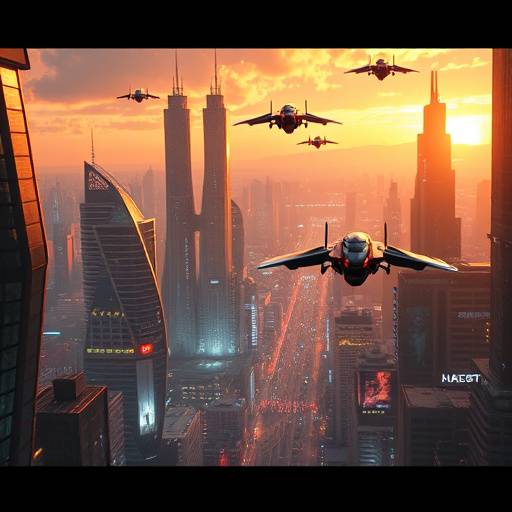 Image representing the Science Fiction genre, featuring a futuristic cityscape with flying vehicles.