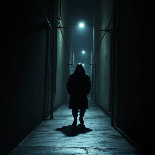 Image representing the Thriller genre, featuring a shadowy figure in a dimly lit alley.